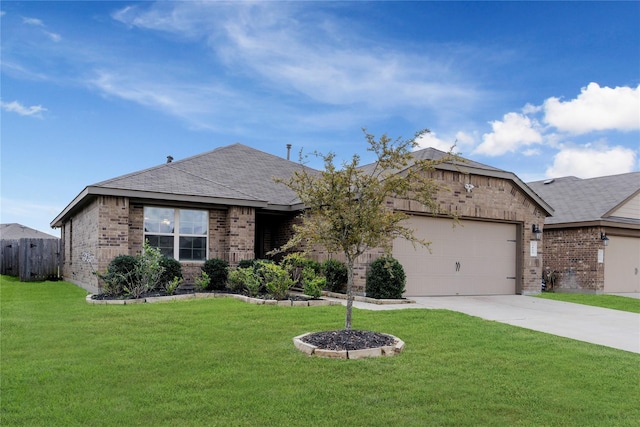 ranch-style home with a garage, brick siding, concrete driveway, fence, and a front yard