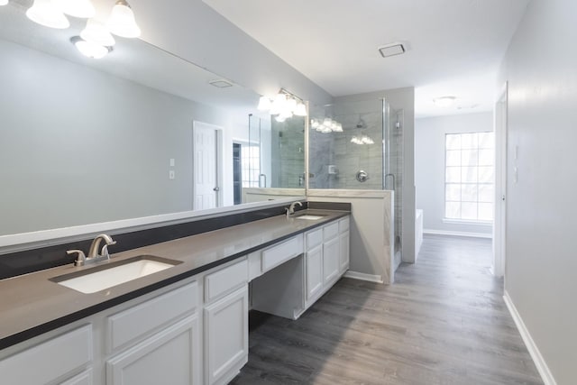 bathroom with double vanity, wood finished floors, a sink, and a shower stall