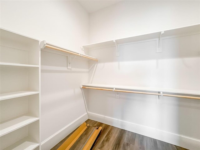 walk in closet with dark wood-style floors