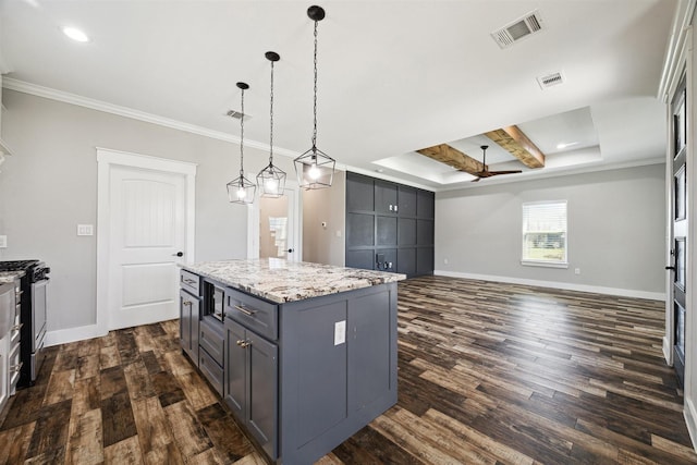 kitchen featuring gray cabinetry, visible vents, baseboards, dark wood finished floors, and stainless steel range with gas stovetop