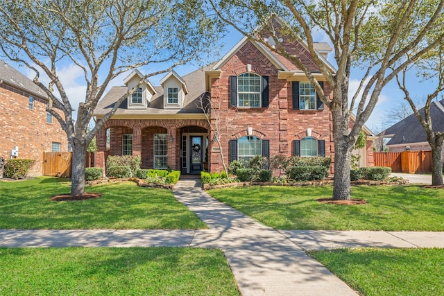 traditional-style home featuring brick siding, a front yard, and fence