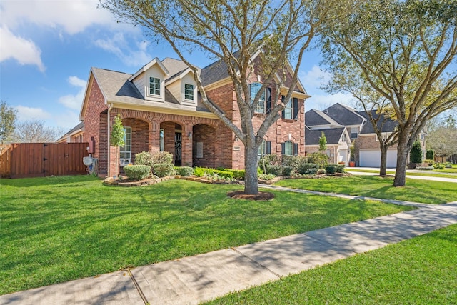 view of front of house featuring a shingled roof, covered porch, a gate, a front lawn, and brick siding