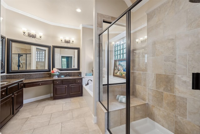 bathroom with double vanity, a stall shower, and ornamental molding