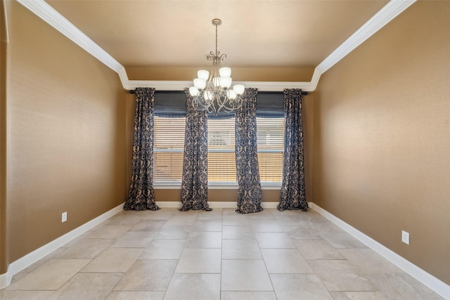 unfurnished room featuring a chandelier, light tile patterned floors, baseboards, and crown molding