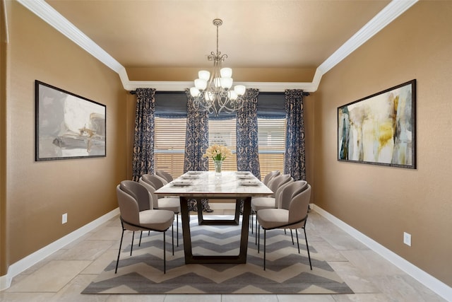 2405 Pebble Lodge Ln, Friendswood, TX 77546 - dining space with ornamental molding, a chandelier, and baseboards