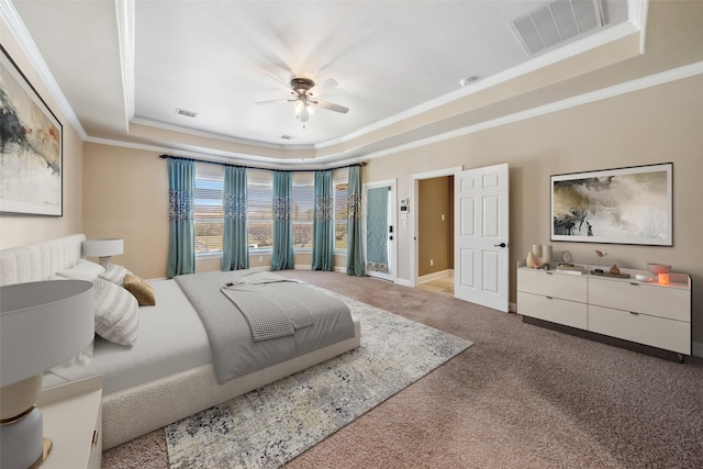 2405 Pebble Lodge Ln, Friendswood, TX 77546 - bedroom featuring a raised ceiling, carpet flooring, ornamental molding, baseboards, and a ceiling fan