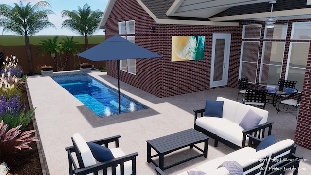 2405 Pebble Lodge Ln, Friendswood, TX 77546 - outdoor pool featuring a patio, an outdoor hangout area, and ceiling fan