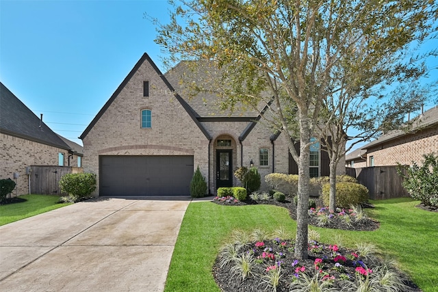 french country home featuring brick siding, a shingled roof, concrete driveway, a front yard, and fence