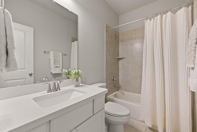 full bath with tile patterned flooring, vanity, toilet, and shower / bathtub combination with curtain