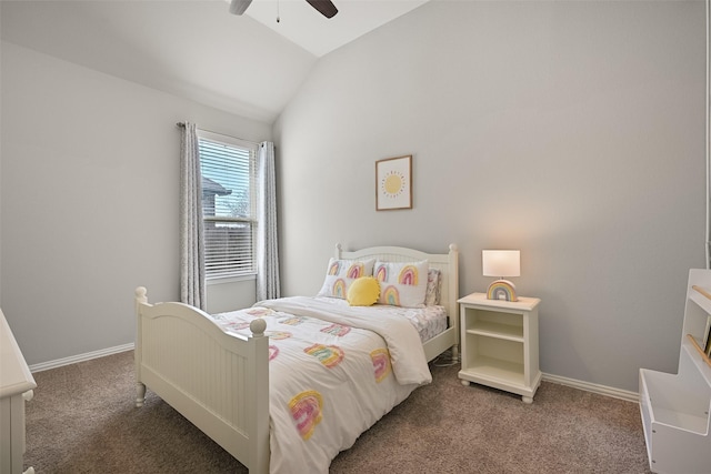 carpeted bedroom featuring lofted ceiling, ceiling fan, and baseboards