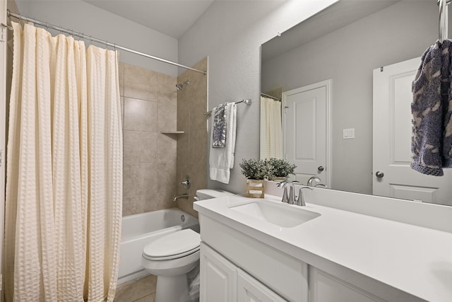 bathroom featuring shower / bathtub combination with curtain, tile patterned flooring, vanity, and toilet