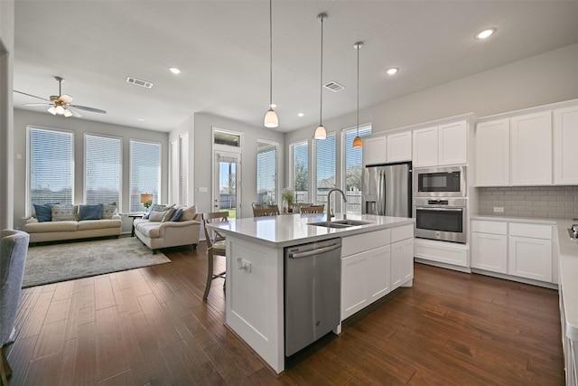 kitchen with stainless steel appliances, tasteful backsplash, open floor plan, a sink, and an island with sink