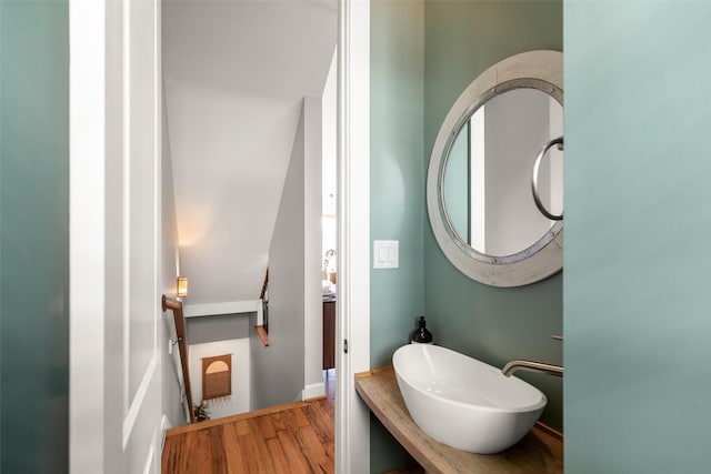 bathroom featuring wood finished floors and a sink