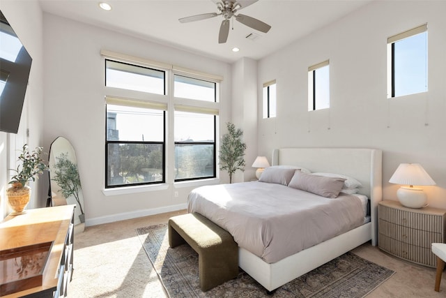 bedroom featuring recessed lighting, baseboards, visible vents, and light colored carpet