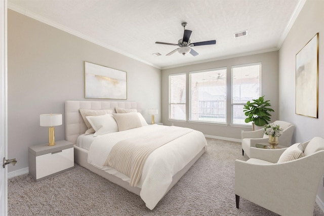 bedroom with ornamental molding, light colored carpet, visible vents, and baseboards