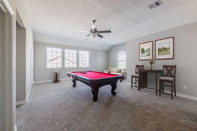 game room with a textured ceiling, carpet floors, pool table, visible vents, and baseboards