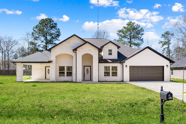 french country style house featuring an attached garage, driveway, a front lawn, and brick siding