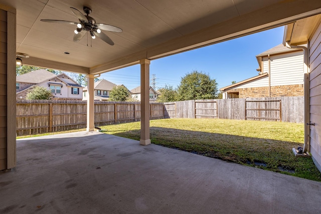 view of patio / terrace with a fenced backyard and ceiling fan