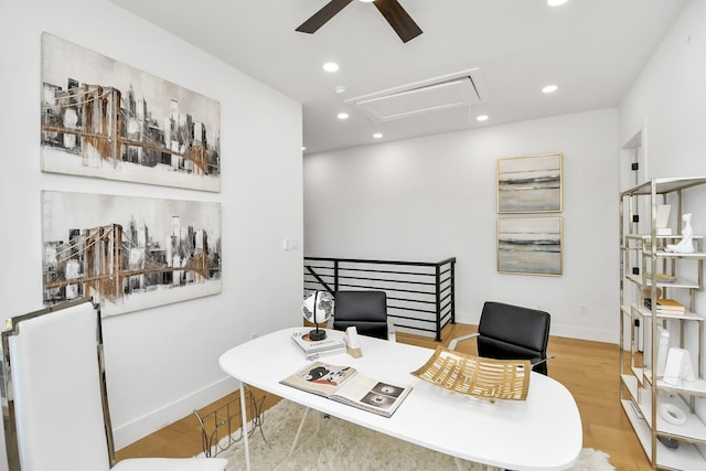 office with attic access, recessed lighting, baseboards, and wood finished floors