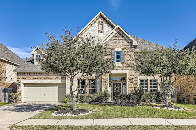 traditional-style home with brick siding, driveway, roof with shingles, and a front lawn
