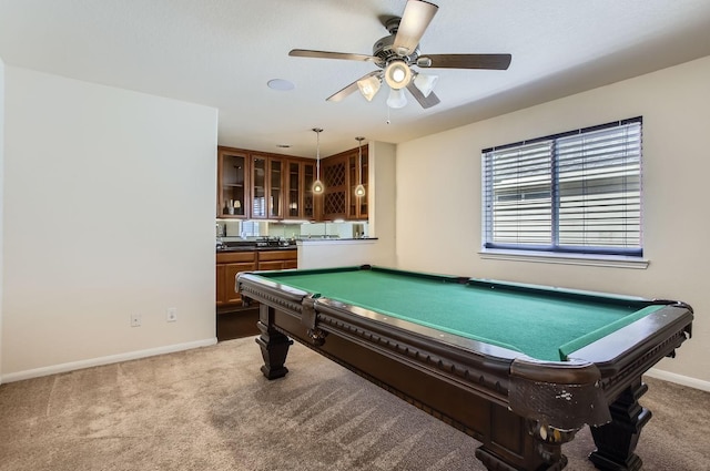 game room with pool table, carpet, a ceiling fan, and baseboards