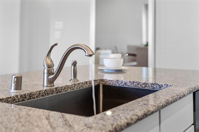 room details with white cabinetry, light stone counters, and a sink