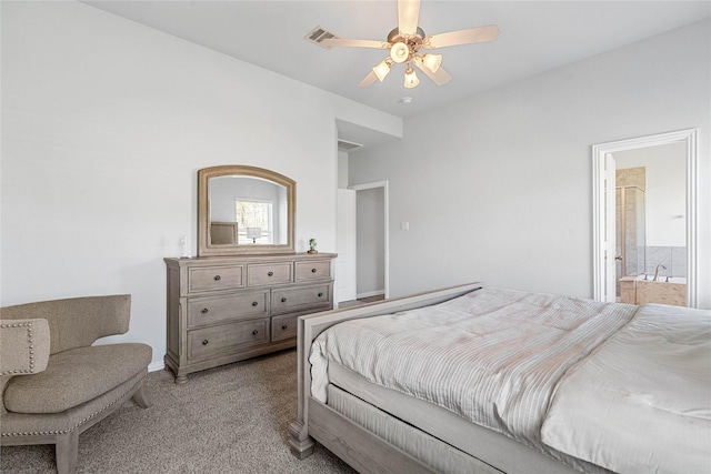 bedroom featuring visible vents, a ceiling fan, light carpet, connected bathroom, and baseboards