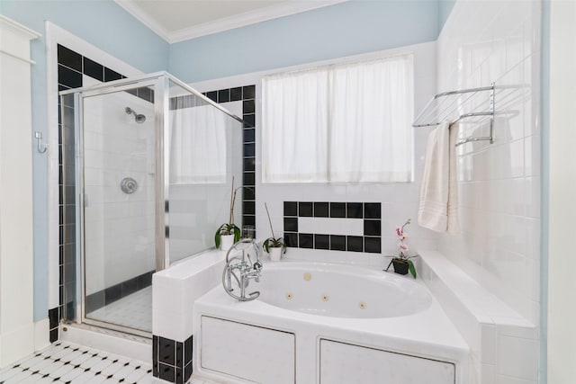 bathroom featuring ornamental molding, a stall shower, tile patterned flooring, and a whirlpool tub