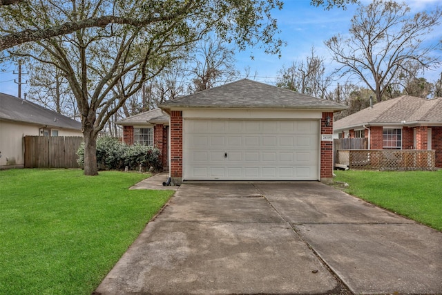 ranch-style house with driveway, brick siding, a front lawn, and fence