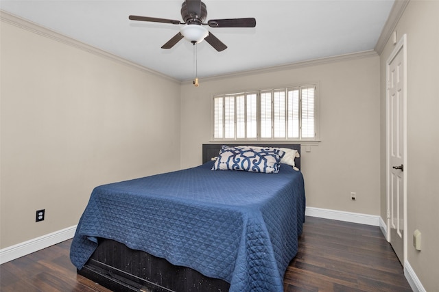 bedroom featuring baseboards, ceiling fan, wood finished floors, and crown molding