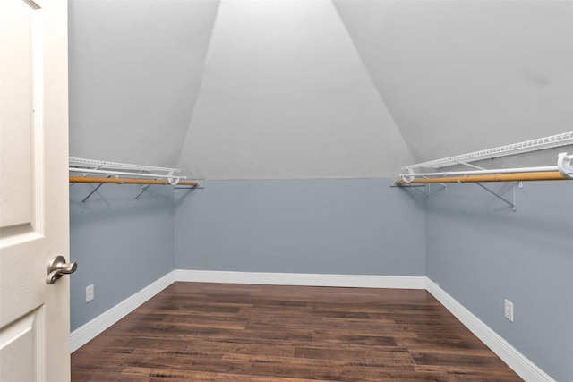 spacious closet featuring lofted ceiling and wood finished floors