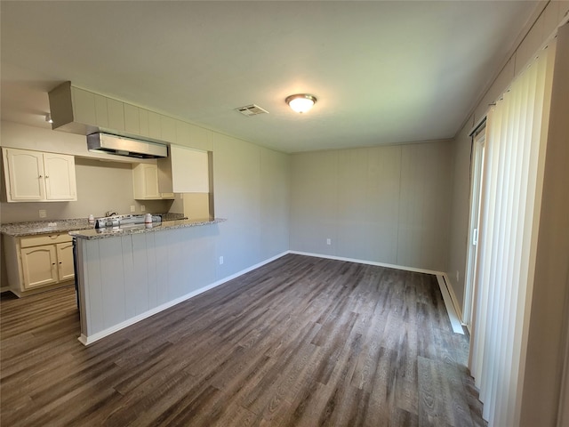 kitchen with dark wood finished floors, visible vents, white cabinets, light stone countertops, and baseboards