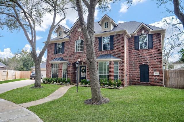 view of front of house with concrete driveway, brick siding, a front lawn, and fence