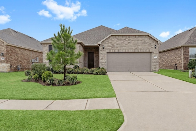 view of front of property with brick siding, roof with shingles, a front yard, a garage, and driveway