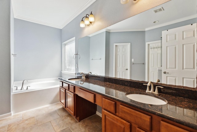 bathroom with crown molding, double vanity, visible vents, a sink, and a bath