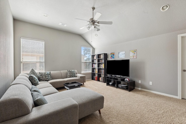 carpeted living area featuring baseboards, visible vents, a ceiling fan, lofted ceiling, and recessed lighting