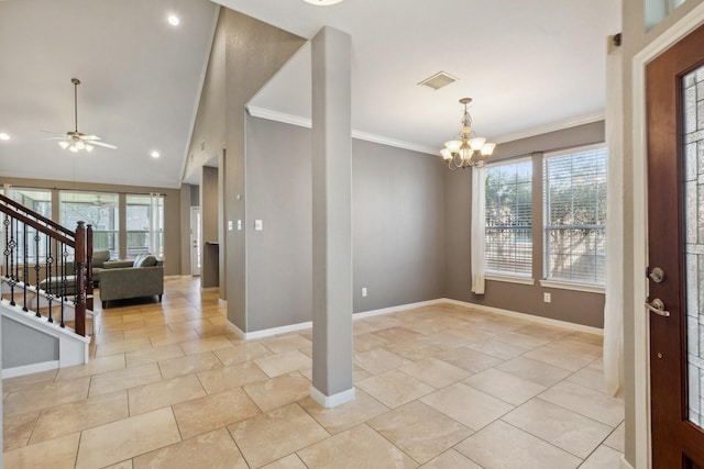 entryway with stairs, ornamental molding, visible vents, and baseboards