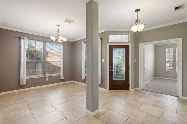 foyer entrance featuring baseboards, light tile patterned floors, visible vents, and crown molding