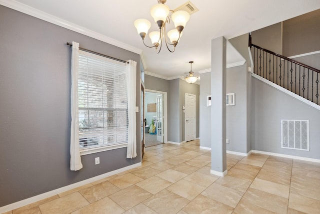 empty room with a notable chandelier, visible vents, baseboards, stairway, and crown molding