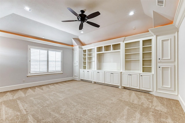 unfurnished room with lofted ceiling, recessed lighting, visible vents, and light colored carpet