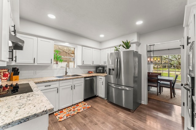 kitchen featuring dark wood finished floors, stainless steel appliances, tasteful backsplash, white cabinetry, and a sink