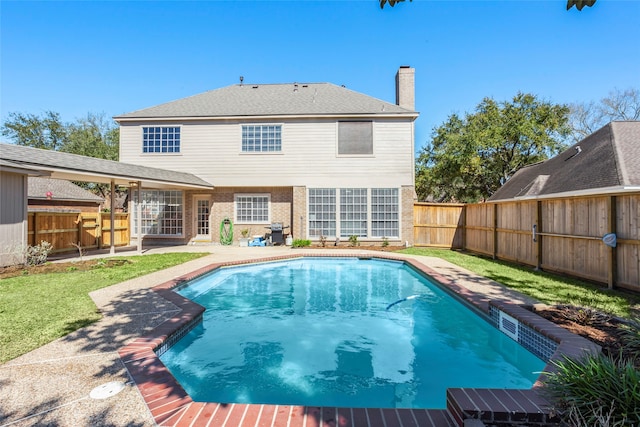 view of pool featuring a patio, area for grilling, a fenced backyard, and a fenced in pool