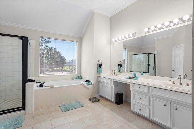 full bath with a stall shower, crown molding, tile patterned flooring, and a sink