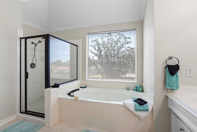 bathroom with a garden tub, crown molding, a stall shower, vanity, and tile patterned flooring