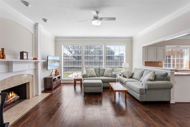 living room with ornamental molding, a premium fireplace, and dark wood-style flooring