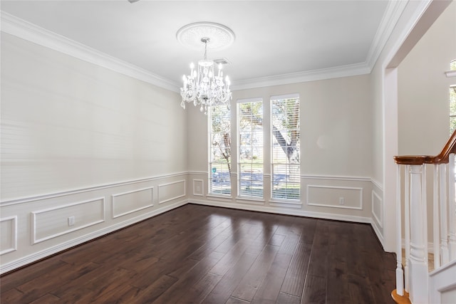 unfurnished dining area with dark wood-style floors, a notable chandelier, visible vents, ornamental molding, and stairs