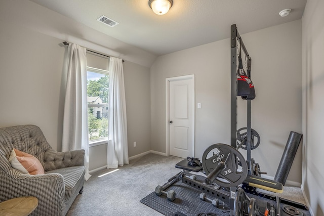 workout room featuring carpet floors, visible vents, and baseboards