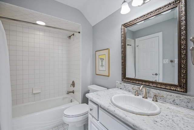 full bathroom with vanity, vaulted ceiling, toilet, and shower / bath combo