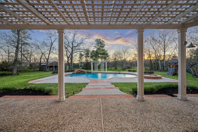 view of pool featuring an outbuilding, a lawn, a pergola, a playground, and a fenced in pool