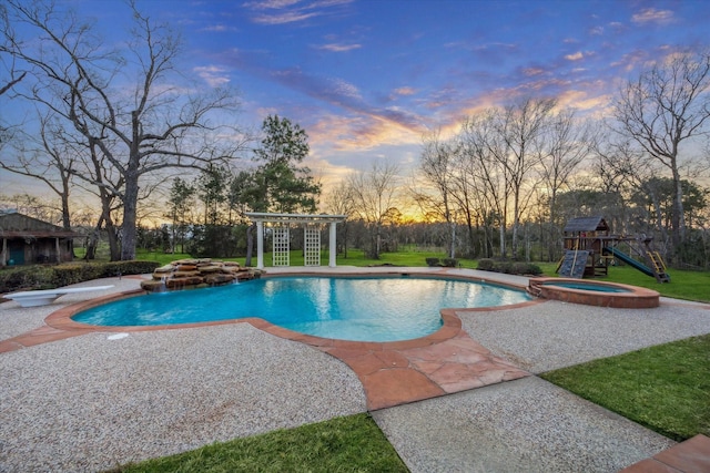 view of swimming pool featuring a pool with connected hot tub, a playground, a yard, a patio area, and a pergola